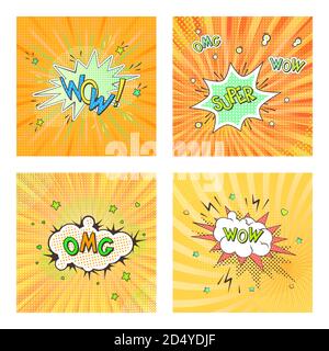 Jeu de quatre arrière-plans pop art avec bulle vocale et texte OMG, WOW, SUPER. Imitation de style rétro de bande dessinée. Illustration vectorielle brillante. Illustration de Vecteur