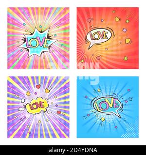 Ensemble de quatre arrière-plan pop art avec bulle de la parole et AMOUR du texte. Imitation de style rétro de bande dessinée. Illustration vectorielle brillante. Illustration de Vecteur