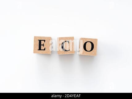 Blocs en bois avec le mot ECO écrit sur eux sur un fond blanc. Banque D'Images
