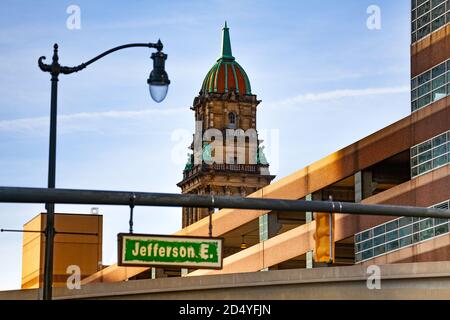 Panneau Jefferson Avenue sur la rue de Detroit, Michigan USA Banque D'Images