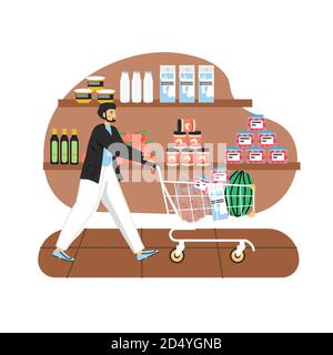 Épicerie. Homme avec chariot plein de produits alimentaires, illustration vectorielle plate. Illustration de Vecteur