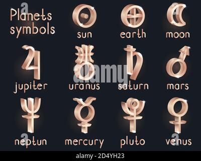 Ensemble vectoriel de symboles de planètes astrologiques 3d. Collection de signes d'or : soleil, Terre, Lune, saturne, uranus, neptune, jupiter, vénus, mars, pluton, Mercure. Illustration de Vecteur