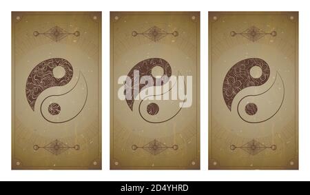 Ensemble vectoriel de trois signes yin yang sur arrière-plans vintage avec forme géométrique et cadres. Symboles avec éléments floraux. En sépia. Pour vous desi Illustration de Vecteur