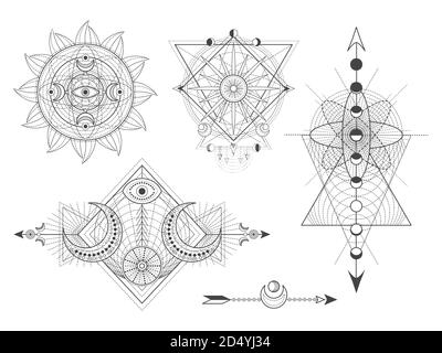 Ensemble vectoriel de symboles géométriques et de chiffres sacrés sur fond blanc. Collection de signes mystiques abstraits. Formes linéaires noires. Pour votre conception: Tatouage, Illustration de Vecteur