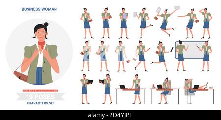 Business Woman working poses ensemble d'illustrations vectorielles d'infographie. Dessin animé plat occupé personnage de femme au travail avec ordinateur portable ou d'étude dans différentes postures, debout et courant isolé sur blanc Illustration de Vecteur