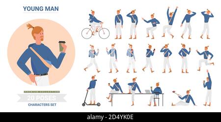 Jeune homme pose un ensemble d'illustrations vectorielles pour l'infographie. Dessin animé plat à la barbe, personnage hippique debout, marchant avec un smartphone et une tasse de café, vélo d'équitation ou scooter postures isolées sur blanc Illustration de Vecteur