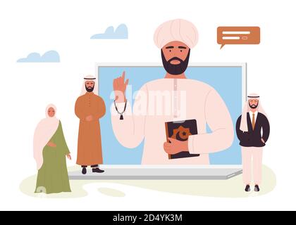 Service en ligne des mosquées pour les musulmans illustration vectorielle. Caricature musulmane personnage d'imam enseignant Quran à des personnes de prière islamiques, priant l'islam sur la réunion virtuelle, appel vidéo religieux isolé sur blanc Illustration de Vecteur