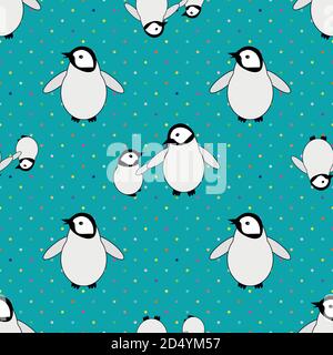 Joli kawaii pingouin bébé vecteur sans couture motif arrière-plan. Une paire de poussins d'empereur sur fond bleu turquoise texturé à pois. Main Illustration de Vecteur