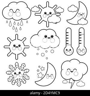 Icônes météo mignons. Page de couleur noir et blanc Banque D'Images