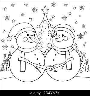 Bonhommes de neige de Noël mignons. Page de couleur noir et blanc Banque D'Images