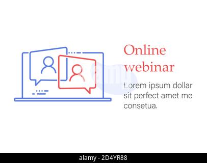 Séminaire en ligne, formation à distance, vidéo conférence, conférence de groupe Internet, test de formation, travail à domicile, communication facile, icône vecteur Illustration de Vecteur