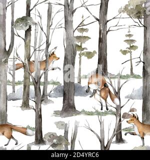motif sans couture illustrations scandinaves renard animal dans la forêt. Réaliste hiver mignon marchant rouge renard sauvage illustration isolée sur fond blanc Banque D'Images