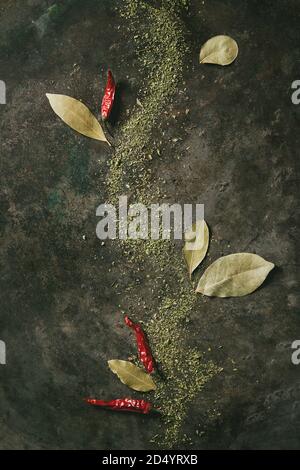 Épices et herbes. Piments rouges chauds avec feuilles de Laurier et menthe sur fond de métal foncé. Pose à plat, espace. Concept de cuisine Banque D'Images