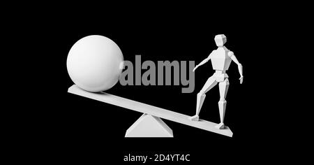 Instabilité, échelle déséquilibrée, concept d'inégalité avec la balance, sphère de modèle de caractère, boule ou globe, illustration de rendu 3d, arrière-plan noir Banque D'Images