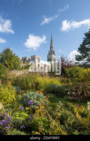 Cathédrale de Chichester depuis les jardins du palais de l'évêque. Chichester, West Sussex, Royaume-Uni Banque D'Images