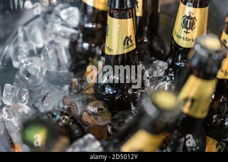 Bouteilles de bière dans un grand seau à glace Banque D'Images