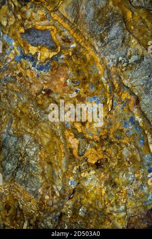 Fluorite claire dans une matrice de calcaire, de fluorite jaune, de baryte et de galène (minerai de plomb) une ancienne mine de plomb dans le Derbyshire. Banque D'Images