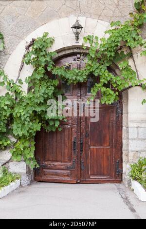 Vieux mur de maison rurale avec porte en bois sombre et vigne verte comme une plante décorative, texture verticale de photo de fond Banque D'Images