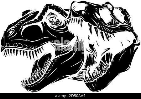 Portraits graphiques de tyrannosaure et de crâne isolés sur fond blanc, silhouette noire vectorielle Illustration de Vecteur