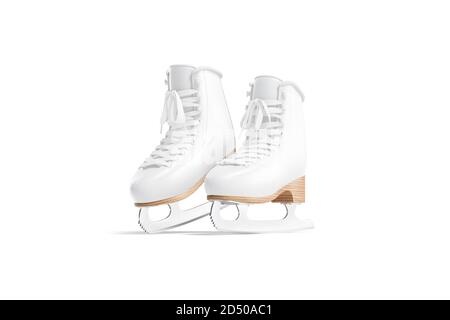 Maquette de patins à glace blanc vierge à bout ouvert, vue à moitié retournée Banque D'Images