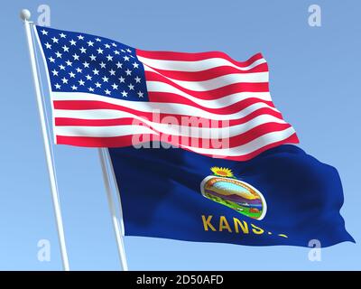 Deux drapeaux des États-Unis et du Kansas sur le ciel bleu. Expérience professionnelle de haute qualité. illustration 3d Banque D'Images