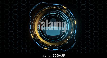 Interface utilisateur futuriste moderne. Analyse des données humaines. Affichage HUD jaune et bleu brillant avec motif cyber nid d'abeille. Conception haute technologie pour votre Illustration de Vecteur