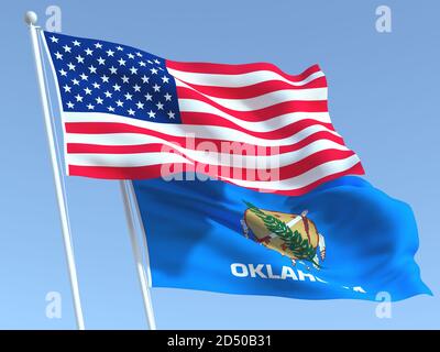 Deux drapeaux des États-Unis et de l'État de l'Oklahoma sur le ciel bleu. Expérience professionnelle de haute qualité. illustration 3d Banque D'Images