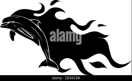 silhouette noire saut dauphin avec motif vectoriel de flammes Illustration de Vecteur