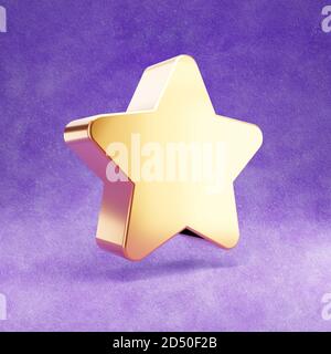 Icône étoile. Symbole étoile brillant or isolé sur fond de velours violet. Icône moderne pour site Web, médias sociaux, présentation, élément de modèle de conception. Rendu 3D. Banque D'Images