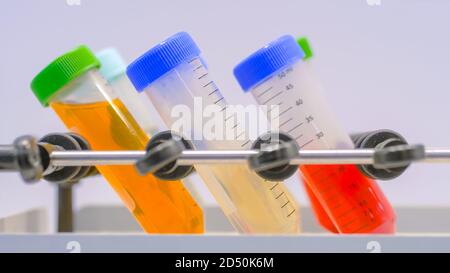 Agitateur orbital pour le mélange, l'agitation, le mélange d'échantillons biologiques dans des flacons en plastique à l'usine pharmaceutique, exposition médicale: Gros plan. Chimie Banque D'Images