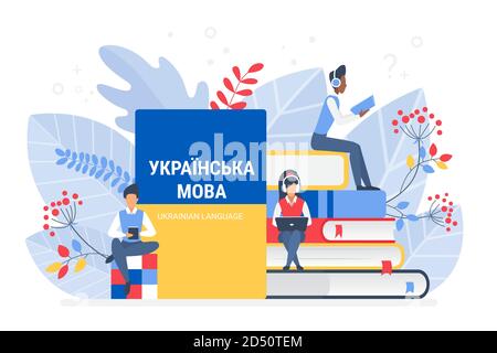 Cours de langue ukrainienne en ligne illustration plate. Enseignement à distance, école à distance, université d'Ukraine. Cours de langue sur Internet, apprentissage en ligne, lecture de livres par les élèves. Enseignement des langues étrangères. Illustration de Vecteur