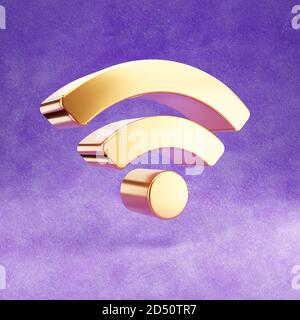 Icône Wi-Fi. Symbole Wi-Fi doré brillant isolé sur fond de velours violet. Icône moderne pour site Web, médias sociaux, présentation, élément de modèle de conception. Rendu 3D. Banque D'Images