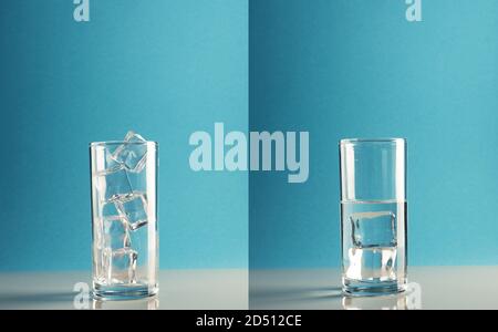 Image conceptuelle de la fonte de glace dans le verre, symbolique du changement climatique ou de la protection de l'environnement, élévation du niveau de la mer Banque D'Images