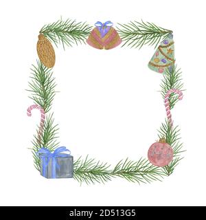 Branche d'arbre de Noël avec décorations, canne à sucre, cloches avec noeud aquarelle cadre d'illustration pour carte de voeux, invitation peint à la main fête des fêtes image d'humeur festive Banque D'Images