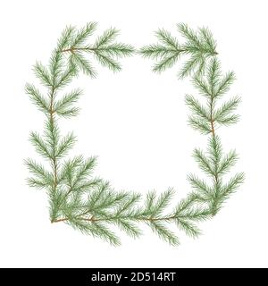 Sapin de Noël branche carré cadre aquarelle illustration simple dessin à la main motif d'humeur festive pour carte de voeux, bannière, hiver fête design Banque D'Images