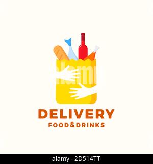 Modèle d'affiche ou de logo à motif abstrait pour livraison d'aliments et de boissons de style plat et coloré. Sac en papier avec mains, pain, vin, poisson, etc. Espace négatif Illustration de Vecteur