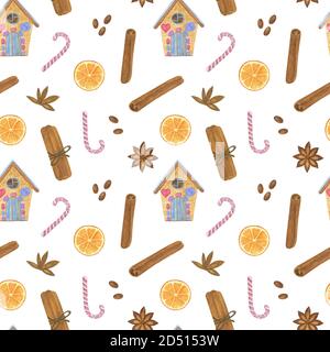 Épice de Noël, maison de pain d'épice, canne à sucre, anis, cannelle, tranche d'orange fête des vacances d'hiver dessin à la main aquarelle illustration répétition, sur fond blanc image d'humeur festive Banque D'Images
