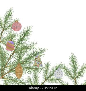 Sapin de Noël vert branche modèle aquarelle illustration simple dessin main motif d'humeur festive pour carte de voeux, bannière, hiver fête design Banque D'Images