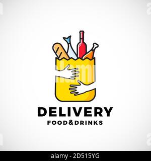 Modèle de logo ou d'affiche vectorielle abstraite pour la livraison d'aliments et de boissons. Sac en papier avec mains, pain, vin, poisson, etc. Symbole shopping ou restauration. Illustration de Vecteur