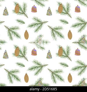 Motif de répétition de Noël de boules décorations, branches de sapin peint à la main ornement pour les cartes de vœux de vacances d'hiver, textile, papier d'emballage sur le fond blanc Banque D'Images