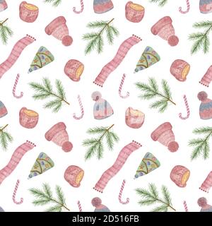 Motif de répétition de Noël de boisson chaude de cacao, branches de sapin, foulard et chapeaux décorations peintes à la main ornement pour les vacances d'hiver cartes de voeux, textile, papier d'emballage sur le fond blanc Banque D'Images