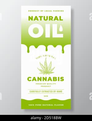 Modèle d'emballage ou d'étiquette de vecteur abstrait d'huile naturelle. Typographie moderne, gouttes de gradient et silhouette d'esquisse de feuille de cannabis dessinée à la main Illustration de Vecteur