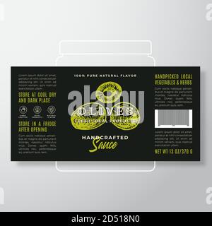 Modèle d'étiquette de sauce aux légumes et aux herbes artisanaux. Résumé Vector Packaging Design Layout. Bannière typographique moderne avec olives dessinées à la main Illustration de Vecteur