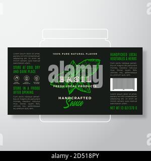 Modèle d'étiquette de sauce aux légumes et aux herbes artisanaux. Résumé Vector Packaging Design Layout. Bannière typographique moderne avec feuilles de basilic dessinées à la main Illustration de Vecteur