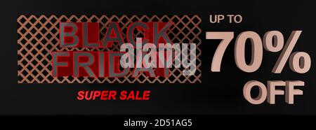 Bannière, affiche ou arrière-plan de grande qualité Black Friday Super sale avec texte 3D indiquant jusqu'à 70 % de réduction. Forme idéale pour une étiquette de billet d'oscillation Banque D'Images
