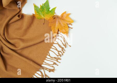 Bonjour novembre. Arrière-plan d'automne avec foulard et feuilles sur fond blanc. Banque D'Images