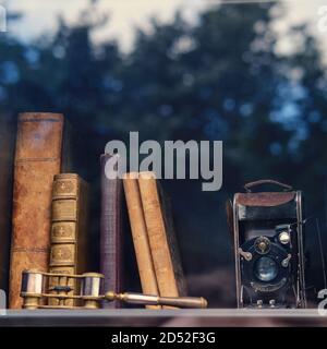 Livres rétro et appareil photo sur une étagère en verre dans le placard, gros plan Banque D'Images