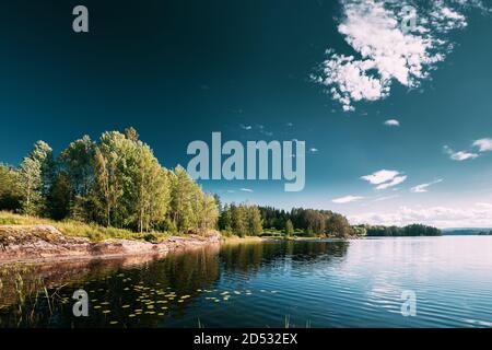 Nature suédoise. Arjang SV, Tocksfors, Suède. Lac ou rivière d'été dans la belle journée ensoleillée d'été Banque D'Images