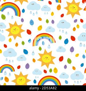 Motif puéril et coloré sans coutures avec arc-en-ciel, soleil heureux, nuages, feuilles, gouttes de pluie. Banque D'Images