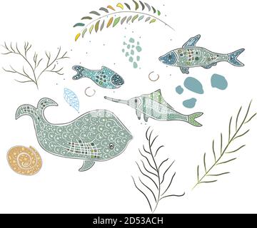 L'icône d'hiver mignon de l'océan avec les poissons et les algues. Style scandinave dessiné à la main. Vector Illustration Illustration de Vecteur